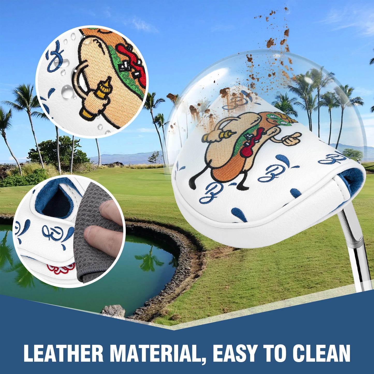 Hot Dog Embroidered Golf Putter Cover - Premium OZ1 Mallet Headcover, Handmade Leather with Velvet Lining, Luxury Club Protection