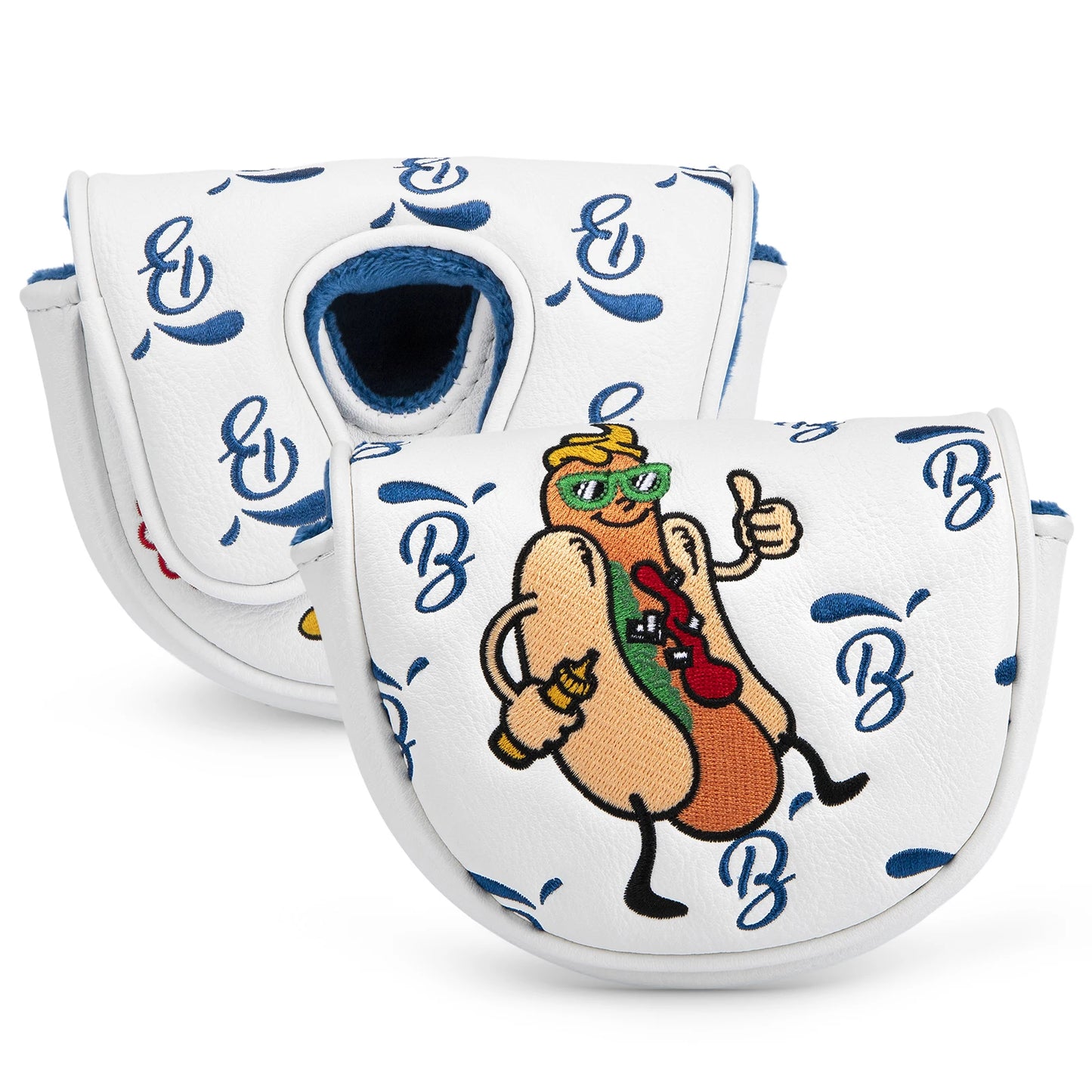 Hot Dog Embroidered Golf Putter Cover - Premium OZ1 Mallet Headcover, Handmade Leather with Velvet Lining, Luxury Club Protection