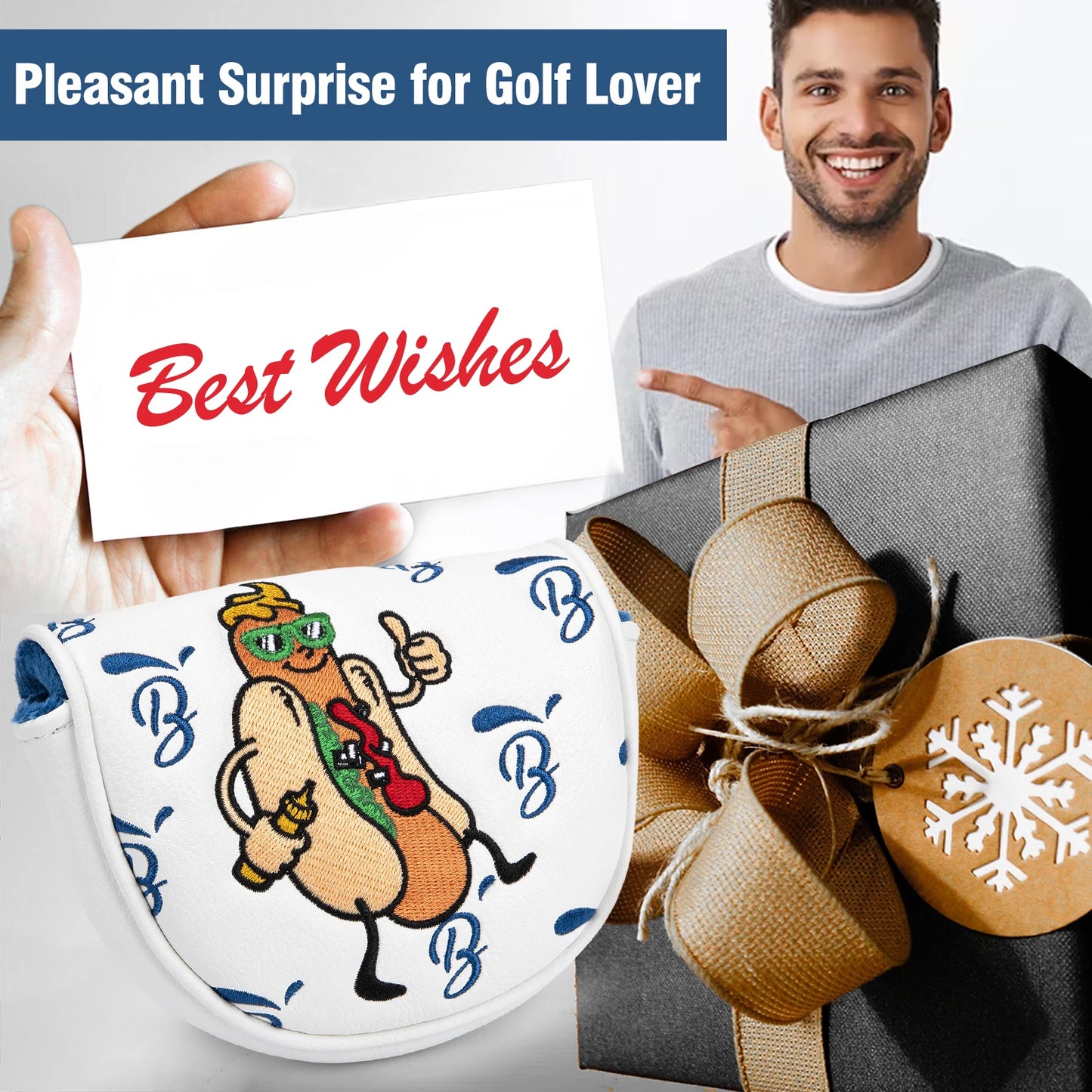 Hot Dog Embroidered Golf Putter Cover - Premium OZ1 Mallet Headcover, Handmade Leather with Velvet Lining, Luxury Club Protection