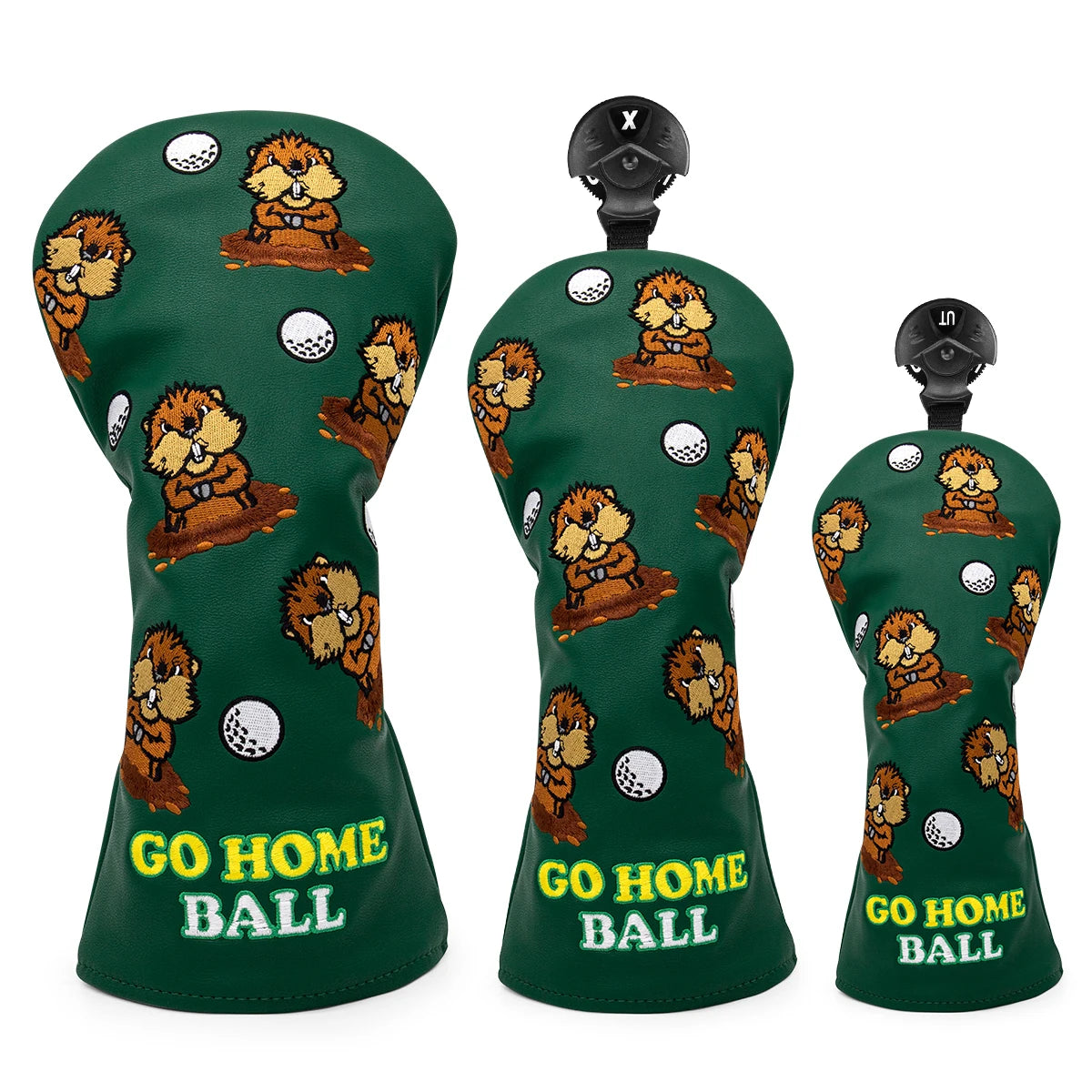 Green Groundhog Golf Headcover Set - Premium Leather Embroidered Covers for Driver, Fairway Wood &amp; Hybrid Clubs