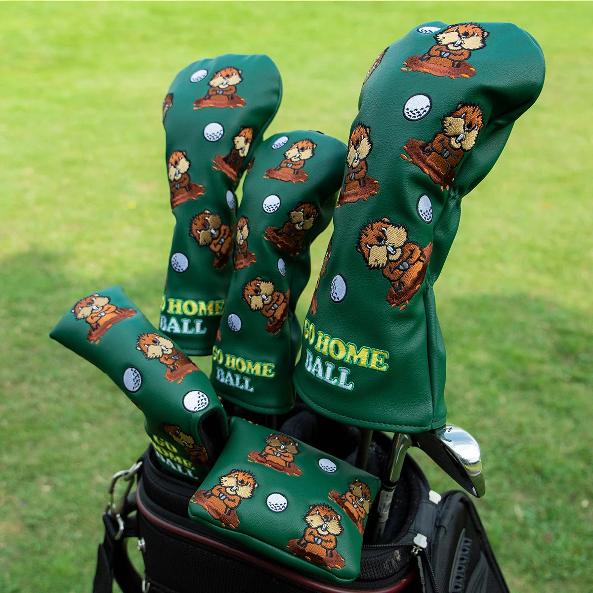Green Groundhog Golf Headcover Set - Premium Leather Embroidered Covers for Driver, Fairway Wood &amp; Hybrid Clubs