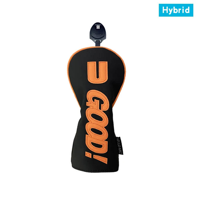 PU Leather Golf Headcovers – Waterproof &amp; Durable "GOOD" Pattern Set for Driver, Fairway Wood &amp; Hybrid Clubs (Orange/Black)