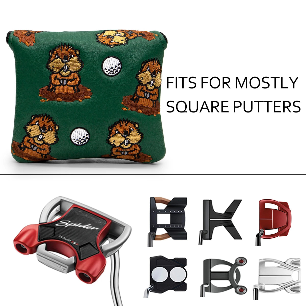 Green Groundhog Golf Headcover Set - Premium Leather Embroidered Covers for Driver, Fairway Wood &amp; Hybrid Clubs