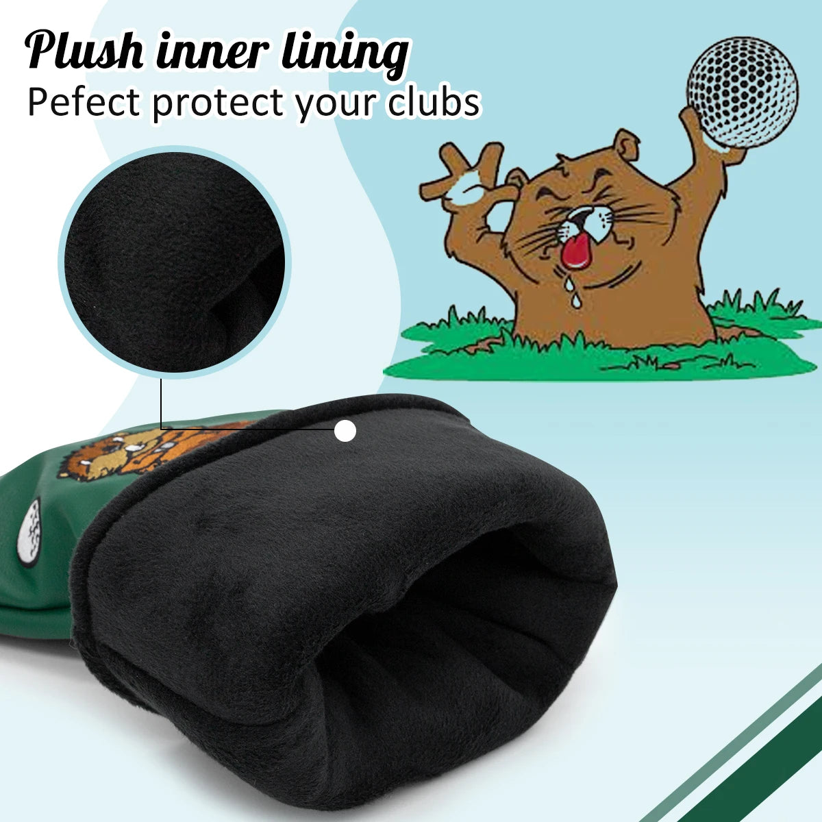 Green Groundhog Golf Headcover Set - Premium Leather Embroidered Covers for Driver, Fairway Wood &amp; Hybrid Clubs