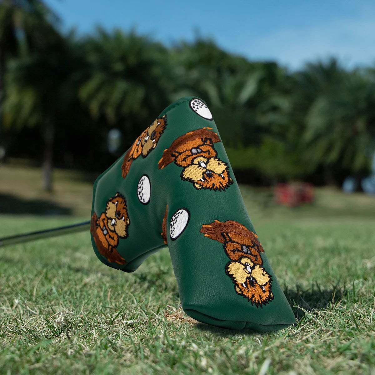 Green Groundhog Golf Headcover Set - Premium Leather Embroidered Covers for Driver, Fairway Wood &amp; Hybrid Clubs