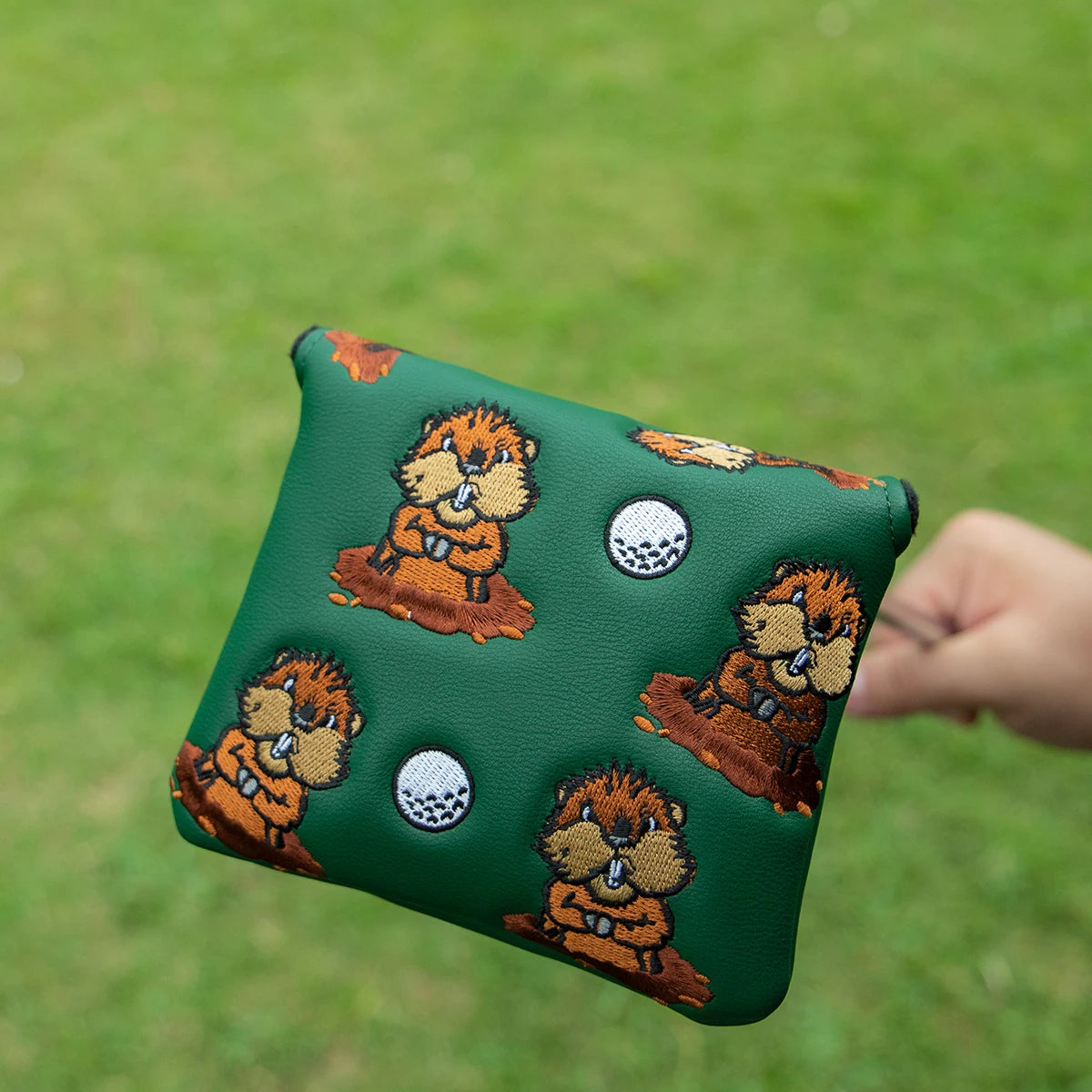 Green Groundhog Golf Headcover Set - Premium Leather Embroidered Covers for Driver, Fairway Wood &amp; Hybrid Clubs