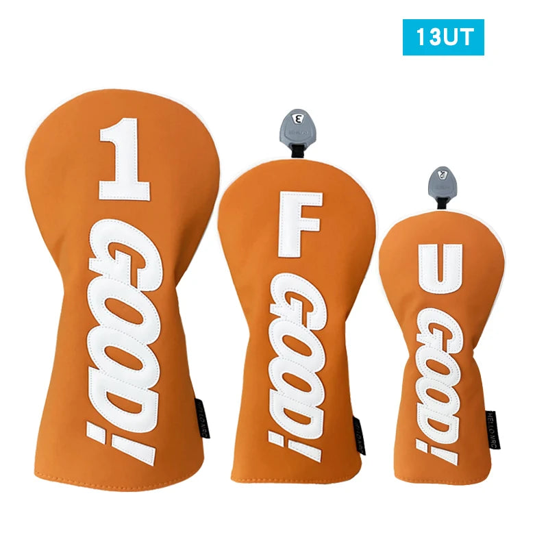 PU Leather Golf Headcovers – Waterproof &amp; Durable "GOOD" Pattern Set for Driver, Fairway Wood &amp; Hybrid Clubs (Orange/Black)