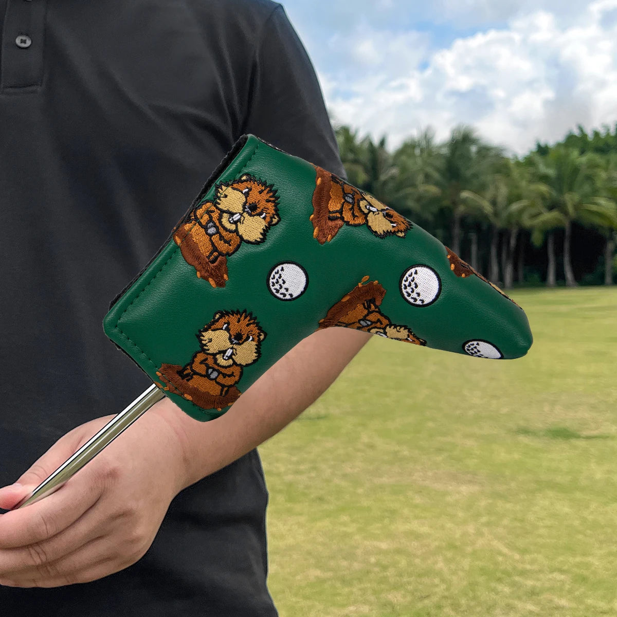 Green Groundhog Golf Headcover Set - Premium Leather Embroidered Covers for Driver, Fairway Wood &amp; Hybrid Clubs