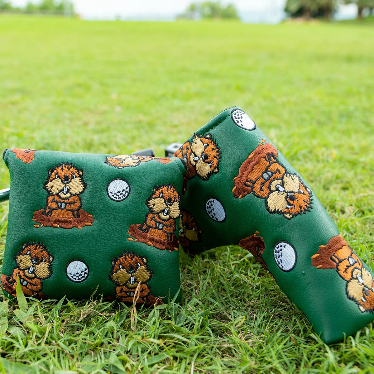 Green Groundhog Golf Headcover Set - Premium Leather Embroidered Covers for Driver, Fairway Wood &amp; Hybrid Clubs