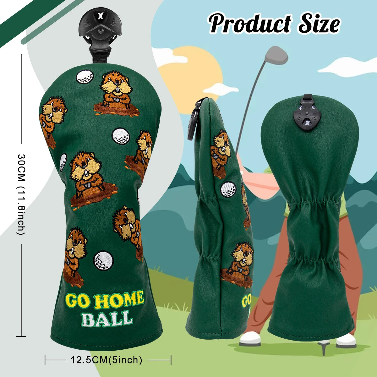 Green Groundhog Golf Headcover Set - Premium Leather Embroidered Covers for Driver, Fairway Wood &amp; Hybrid Clubs
