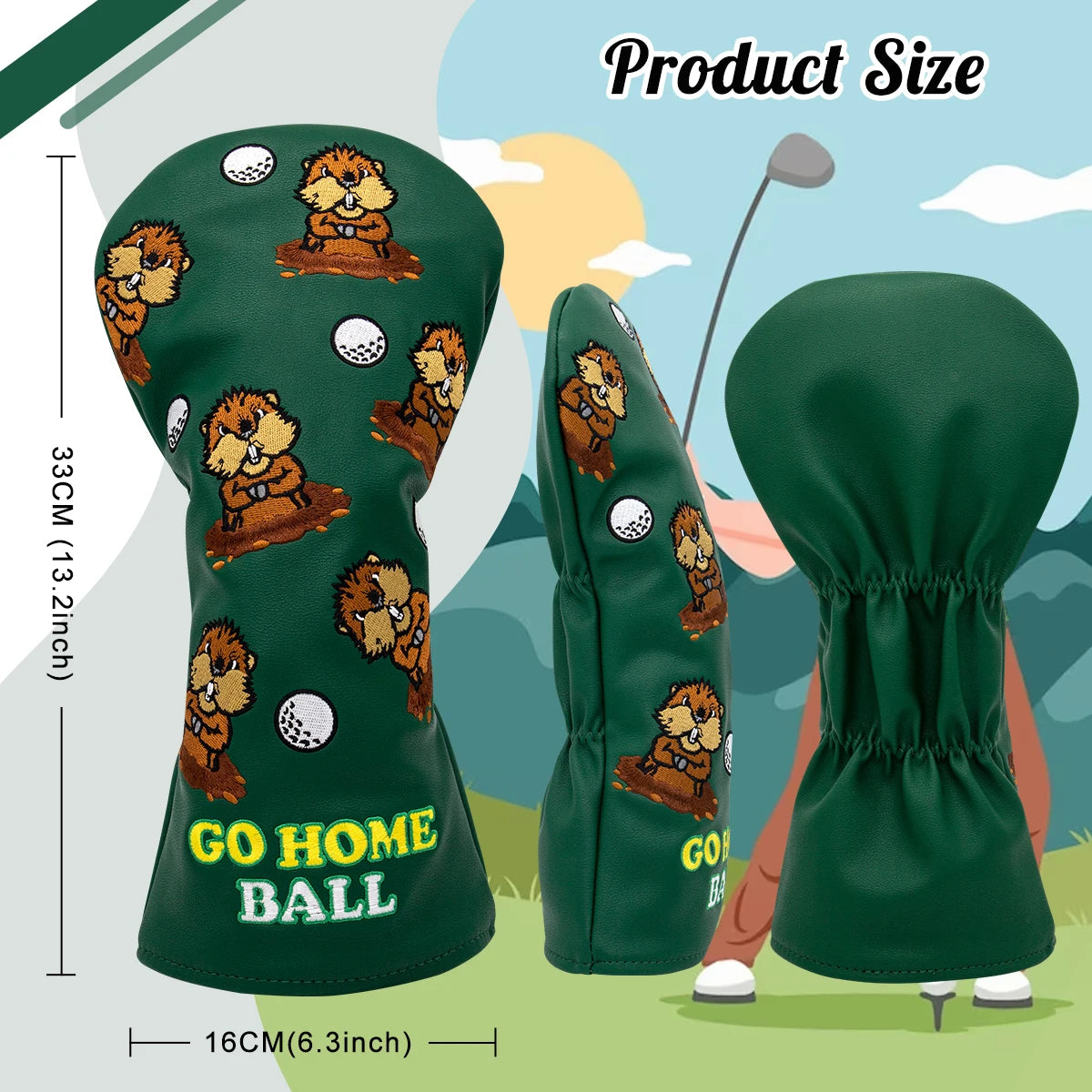 Green Groundhog Golf Headcover Set - Premium Leather Embroidered Covers for Driver, Fairway Wood &amp; Hybrid Clubs
