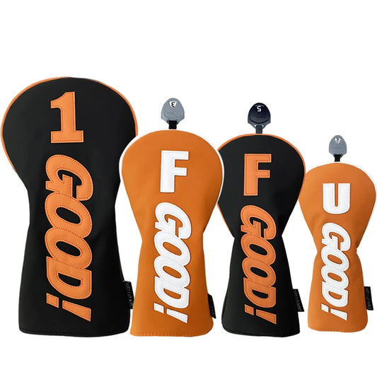 PU Leather Golf Headcovers – Waterproof & Durable "GOOD" Pattern Set for Driver, Fairway Wood & Hybrid Clubs (Orange/Black)