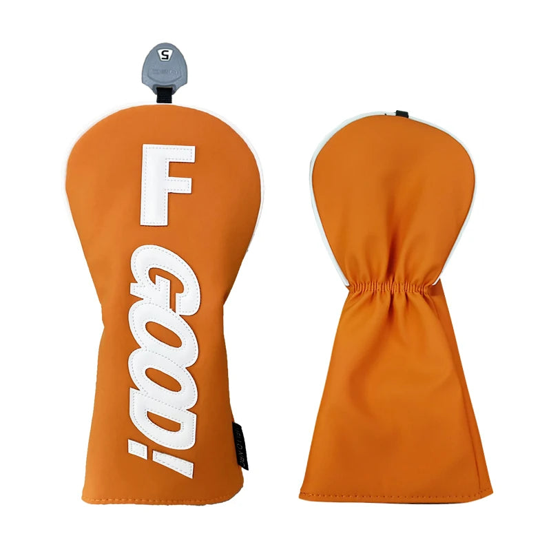 PU Leather Golf Headcovers – Waterproof &amp; Durable "GOOD" Pattern Set for Driver, Fairway Wood &amp; Hybrid Clubs (Orange/Black)