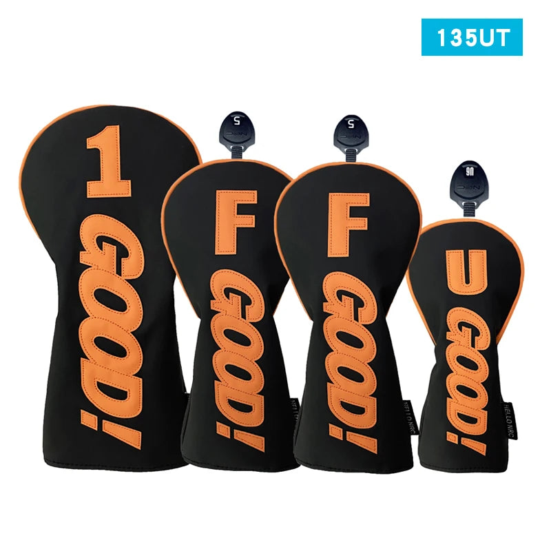 PU Leather Golf Headcovers – Waterproof &amp; Durable "GOOD" Pattern Set for Driver, Fairway Wood &amp; Hybrid Clubs (Orange/Black)