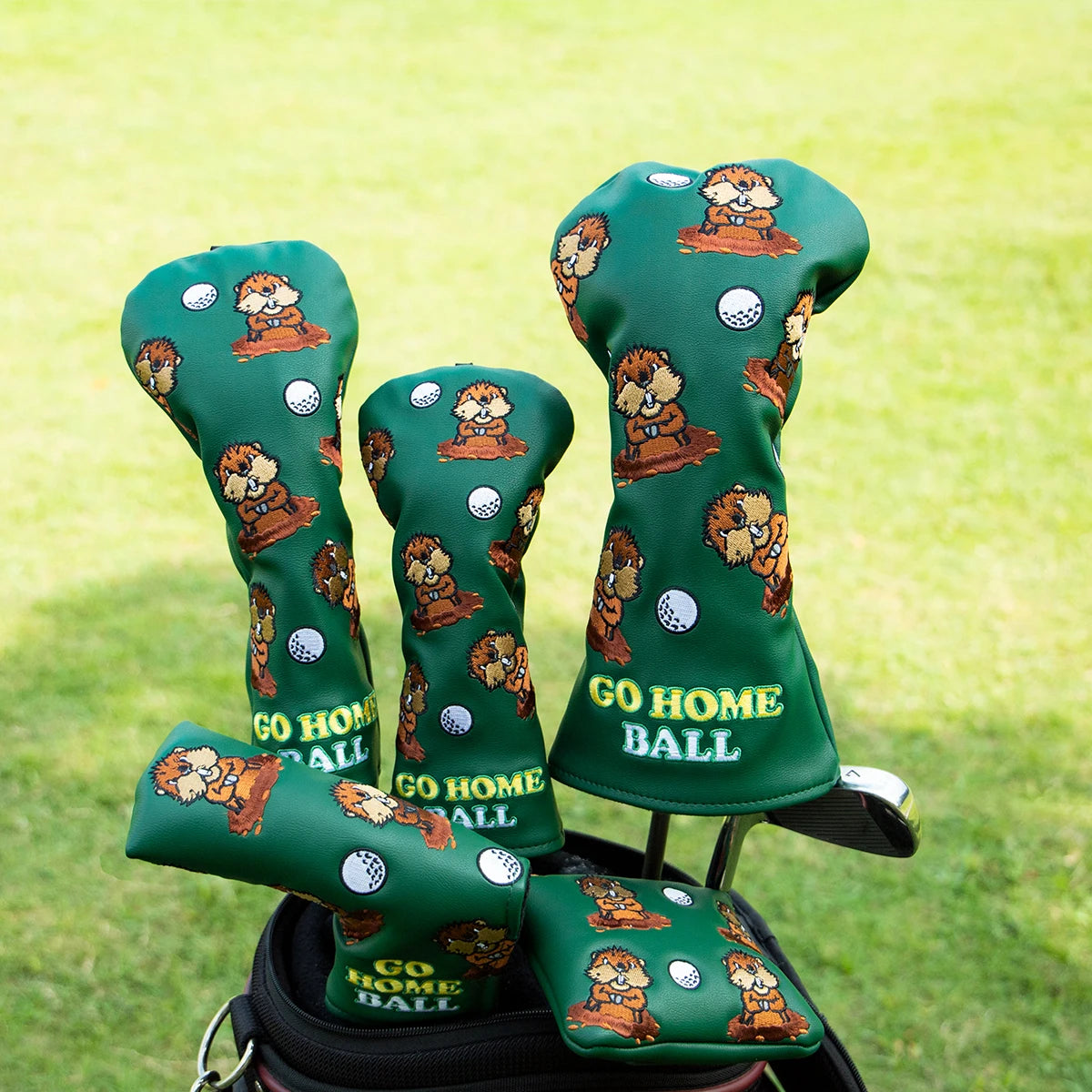 Green Groundhog Golf Headcover Set - Premium Leather Embroidered Covers for Driver, Fairway Wood &amp; Hybrid Clubs