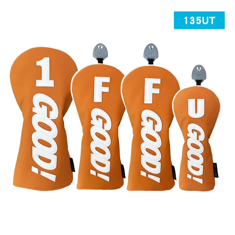 PU Leather Golf Headcovers – Waterproof &amp; Durable "GOOD" Pattern Set for Driver, Fairway Wood &amp; Hybrid Clubs (Orange/Black)