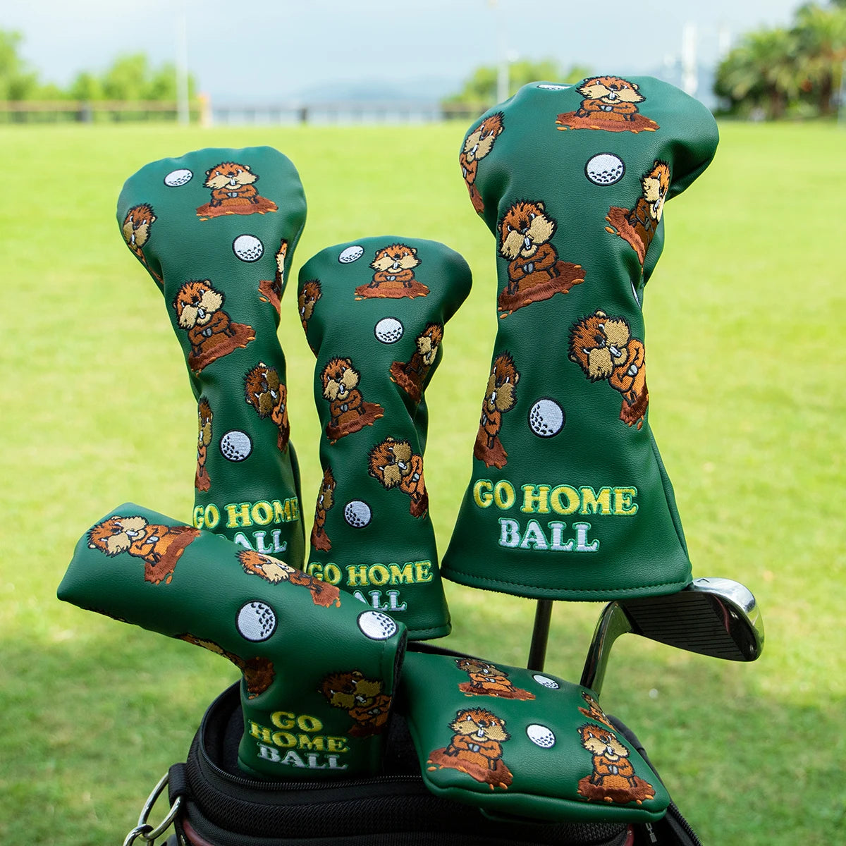 Green Groundhog Golf Headcover Set - Premium Leather Embroidered Covers for Driver, Fairway Wood &amp; Hybrid Clubs