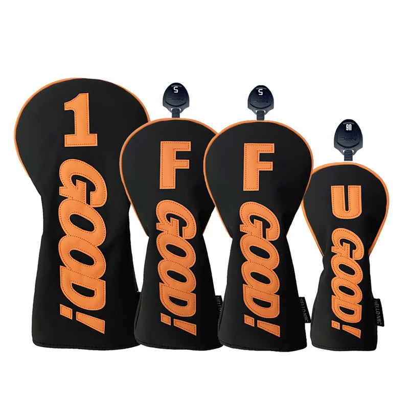 PU Leather Golf Headcovers – Waterproof &amp; Durable "GOOD" Pattern Set for Driver, Fairway Wood &amp; Hybrid Clubs (Orange/Black)