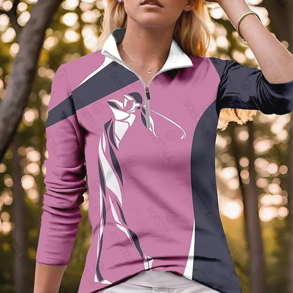 Women's Long Sleeve Golf Polo Shirt – Slim Fit with Zipper, Lightweight & Stylish