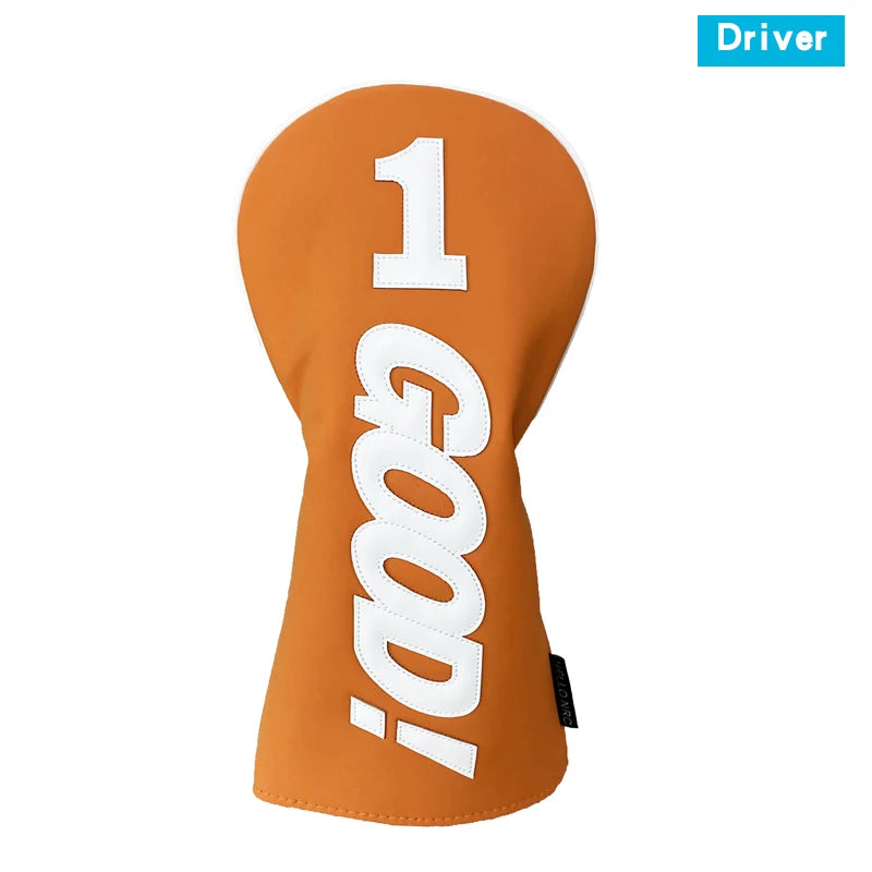 PU Leather Golf Headcovers – Waterproof &amp; Durable "GOOD" Pattern Set for Driver, Fairway Wood &amp; Hybrid Clubs (Orange/Black)