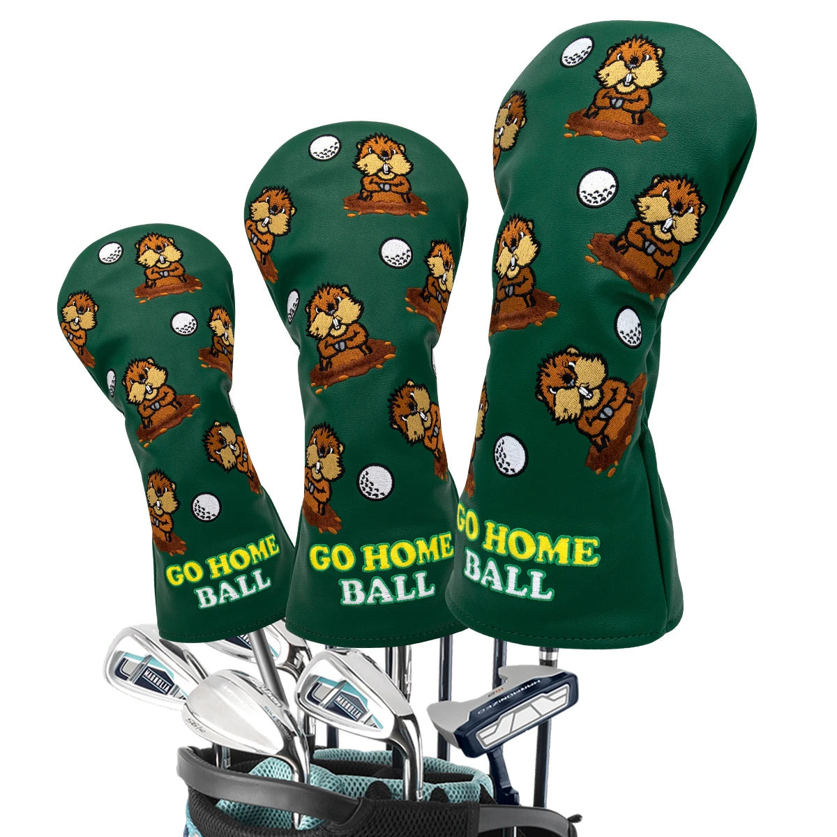 Green Groundhog Golf Headcover Set - Premium Leather Embroidered Covers for Driver, Fairway Wood &amp; Hybrid Clubs