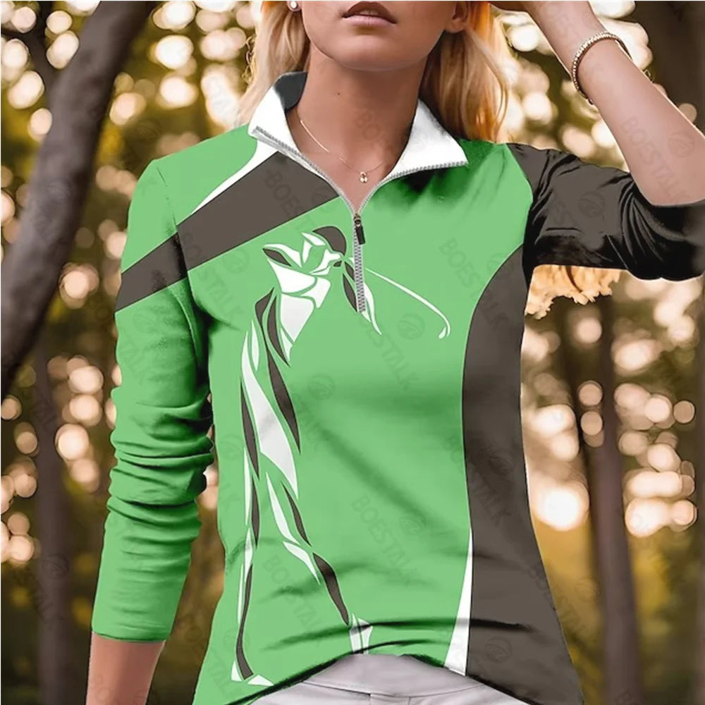 Women's Long Sleeve Golf Polo Shirt – Slim Fit with Zipper, Lightweight & Stylish