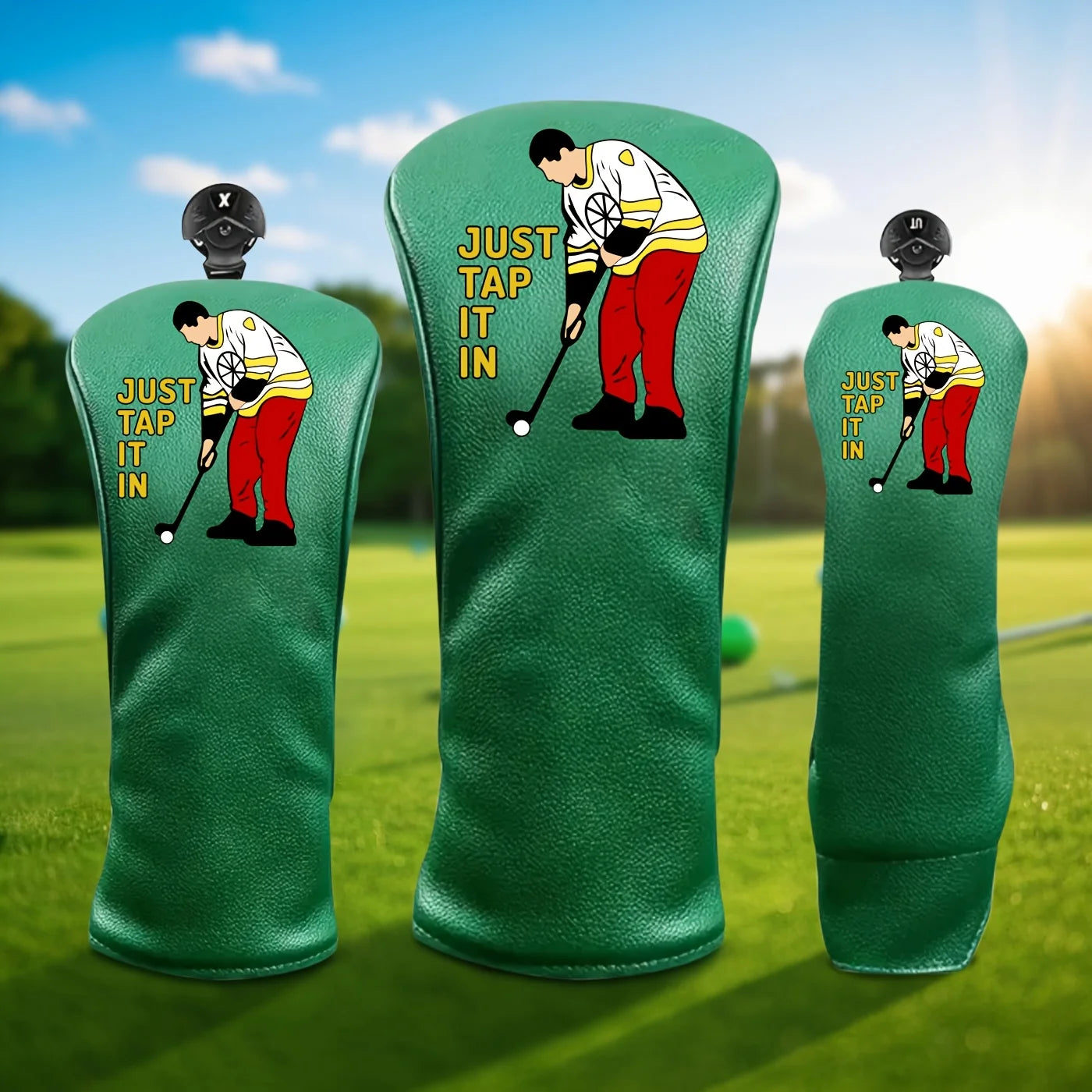 Happy Gilmore Golf Head Covers - Green PU Leather with Fun Cartoon Embroidery