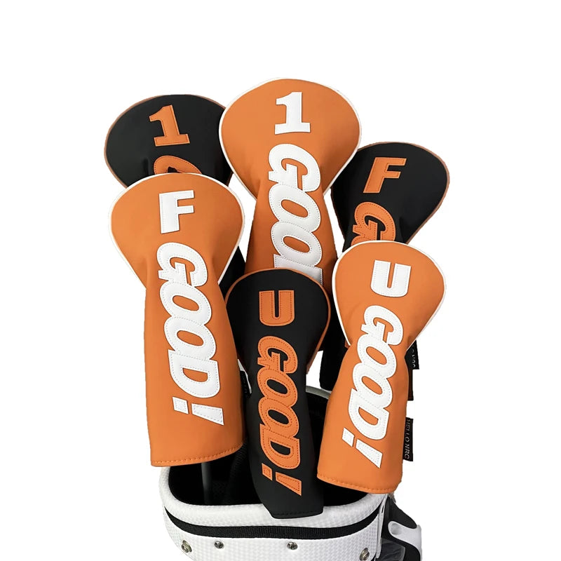 PU Leather Golf Headcovers – Waterproof &amp; Durable "GOOD" Pattern Set for Driver, Fairway Wood &amp; Hybrid Clubs (Orange/Black)