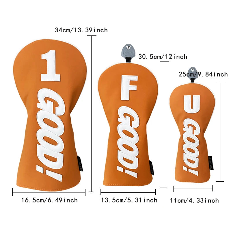 PU Leather Golf Headcovers – Waterproof &amp; Durable "GOOD" Pattern Set for Driver, Fairway Wood &amp; Hybrid Clubs (Orange/Black)