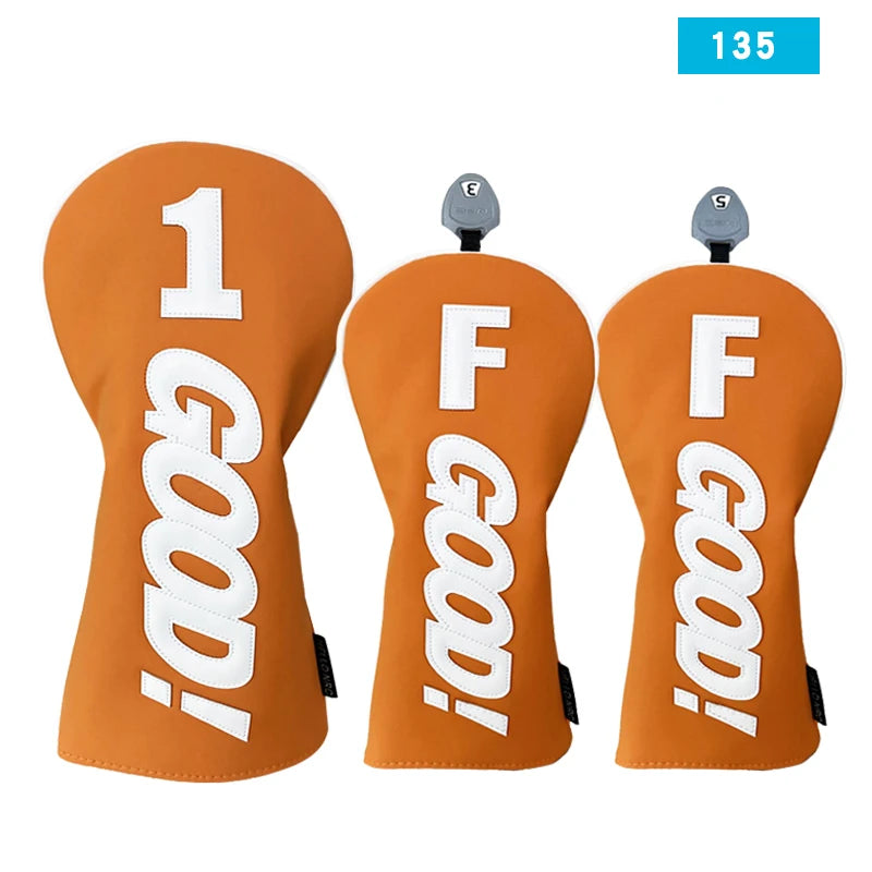 PU Leather Golf Headcovers – Waterproof &amp; Durable "GOOD" Pattern Set for Driver, Fairway Wood &amp; Hybrid Clubs (Orange/Black)