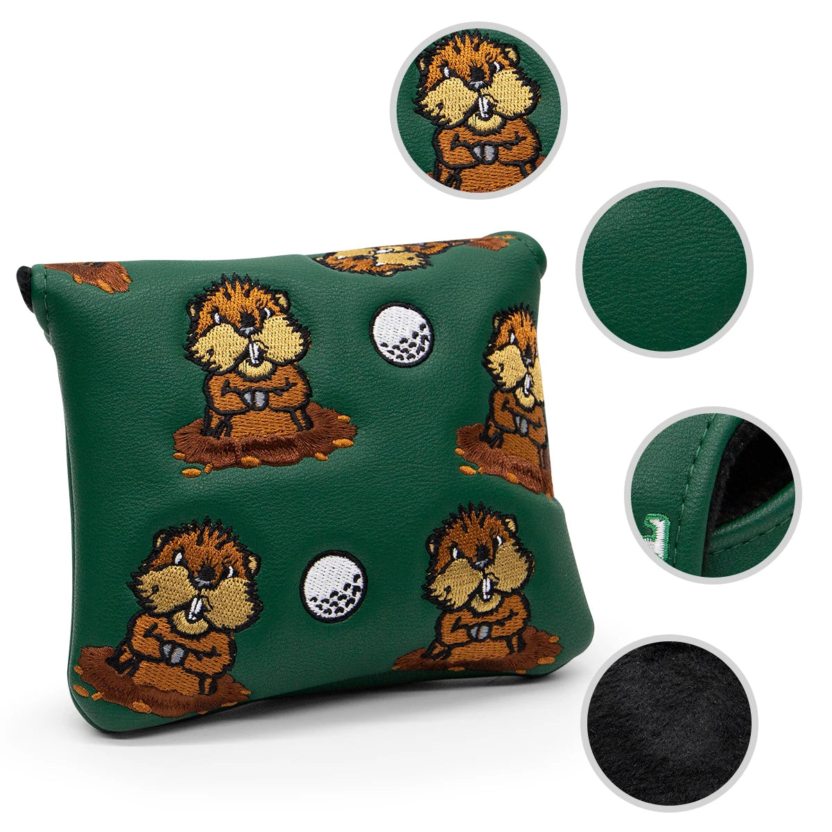 Green Groundhog Golf Headcover Set - Premium Leather Embroidered Covers for Driver, Fairway Wood &amp; Hybrid Clubs