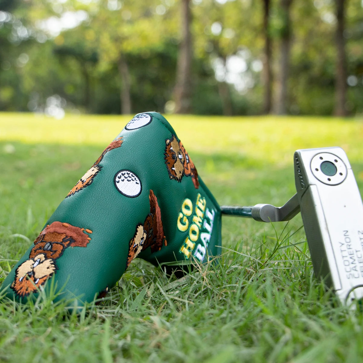 Green Groundhog Golf Headcover Set - Premium Leather Embroidered Covers for Driver, Fairway Wood &amp; Hybrid Clubs