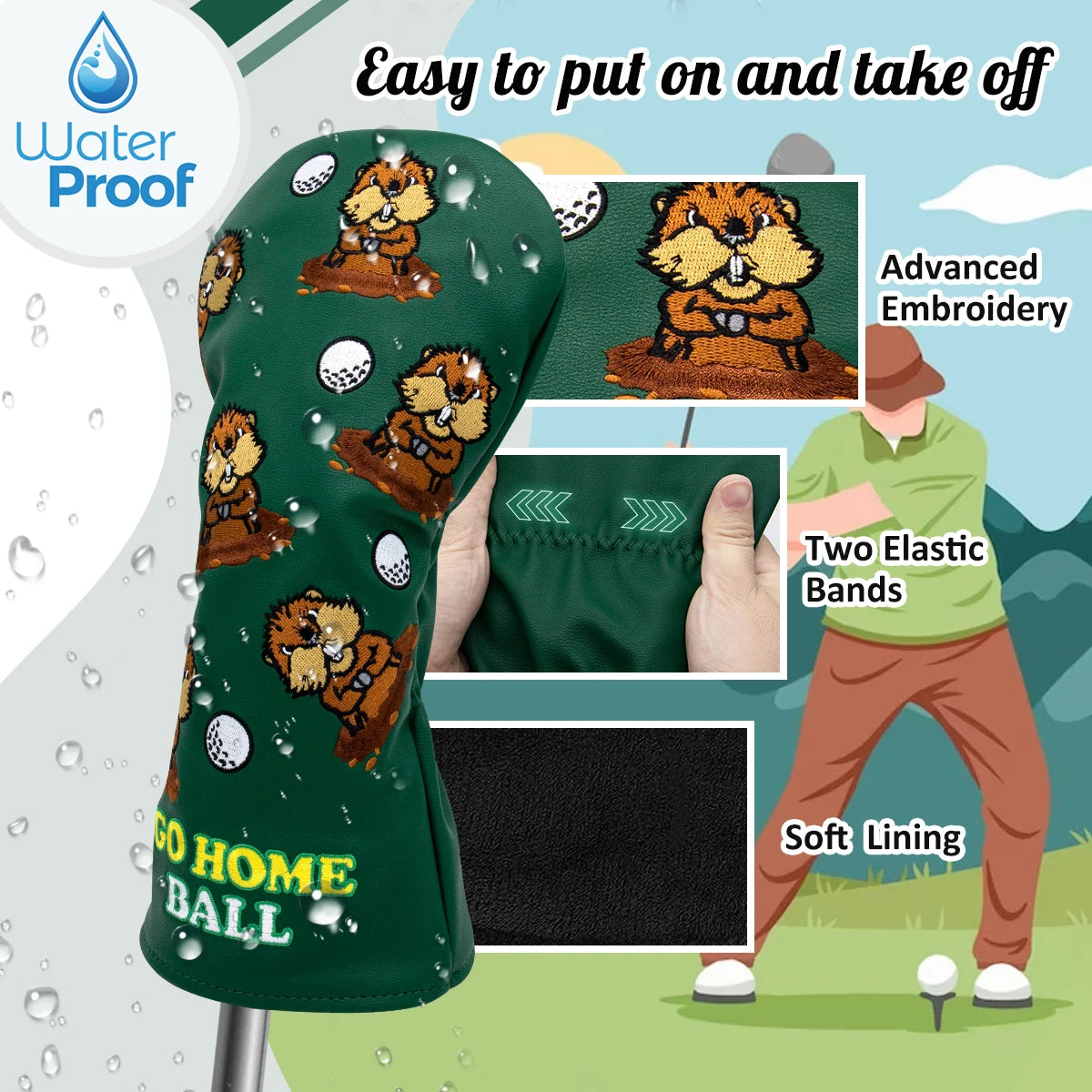Green Groundhog Golf Headcover Set - Premium Leather Embroidered Covers for Driver, Fairway Wood &amp; Hybrid Clubs