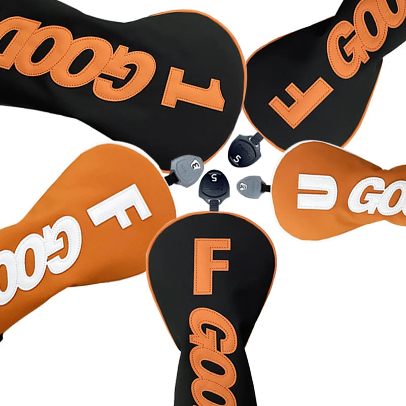 PU Leather Golf Headcovers – Waterproof &amp; Durable "GOOD" Pattern Set for Driver, Fairway Wood &amp; Hybrid Clubs (Orange/Black)