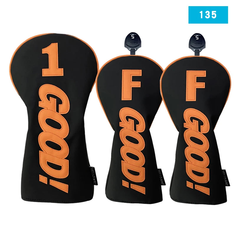PU Leather Golf Headcovers – Waterproof &amp; Durable "GOOD" Pattern Set for Driver, Fairway Wood &amp; Hybrid Clubs (Orange/Black)