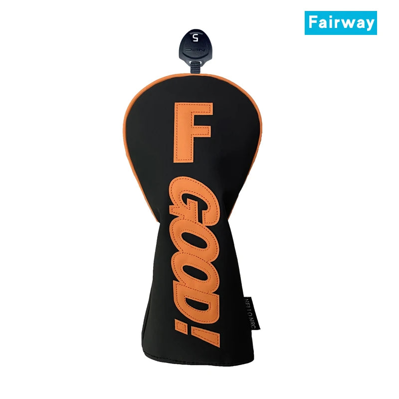 PU Leather Golf Headcovers – Waterproof &amp; Durable "GOOD" Pattern Set for Driver, Fairway Wood &amp; Hybrid Clubs (Orange/Black)