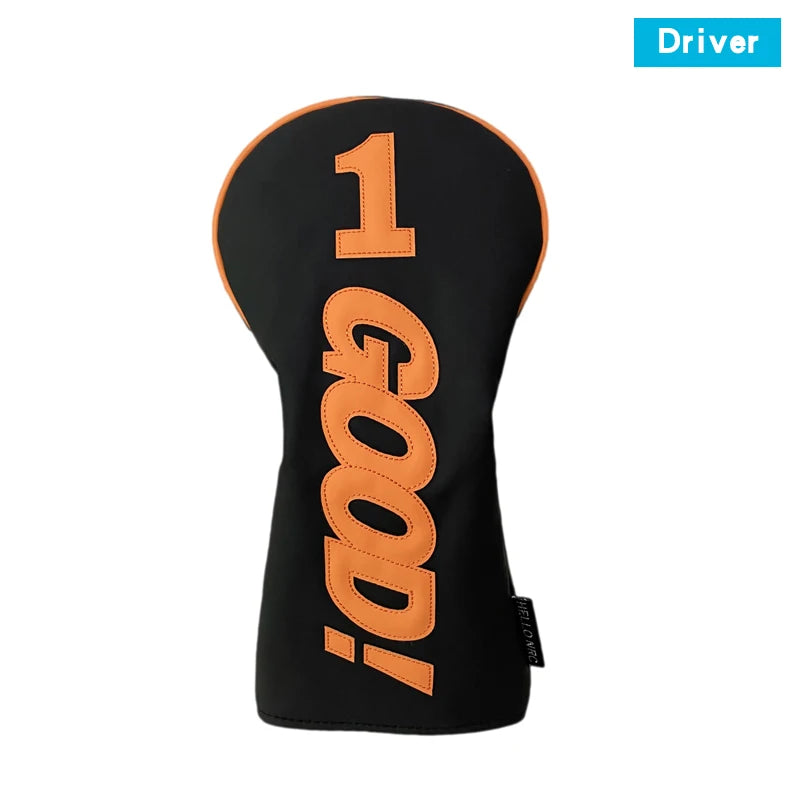 PU Leather Golf Headcovers – Waterproof &amp; Durable "GOOD" Pattern Set for Driver, Fairway Wood &amp; Hybrid Clubs (Orange/Black)
