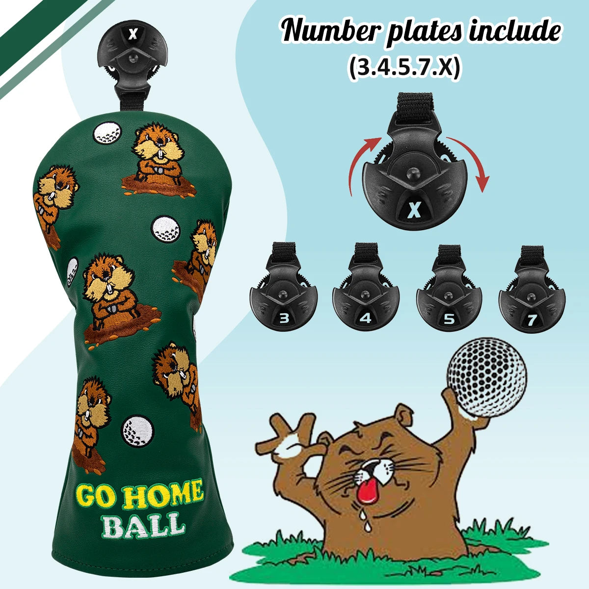 Green Groundhog Golf Headcover Set - Premium Leather Embroidered Covers for Driver, Fairway Wood &amp; Hybrid Clubs