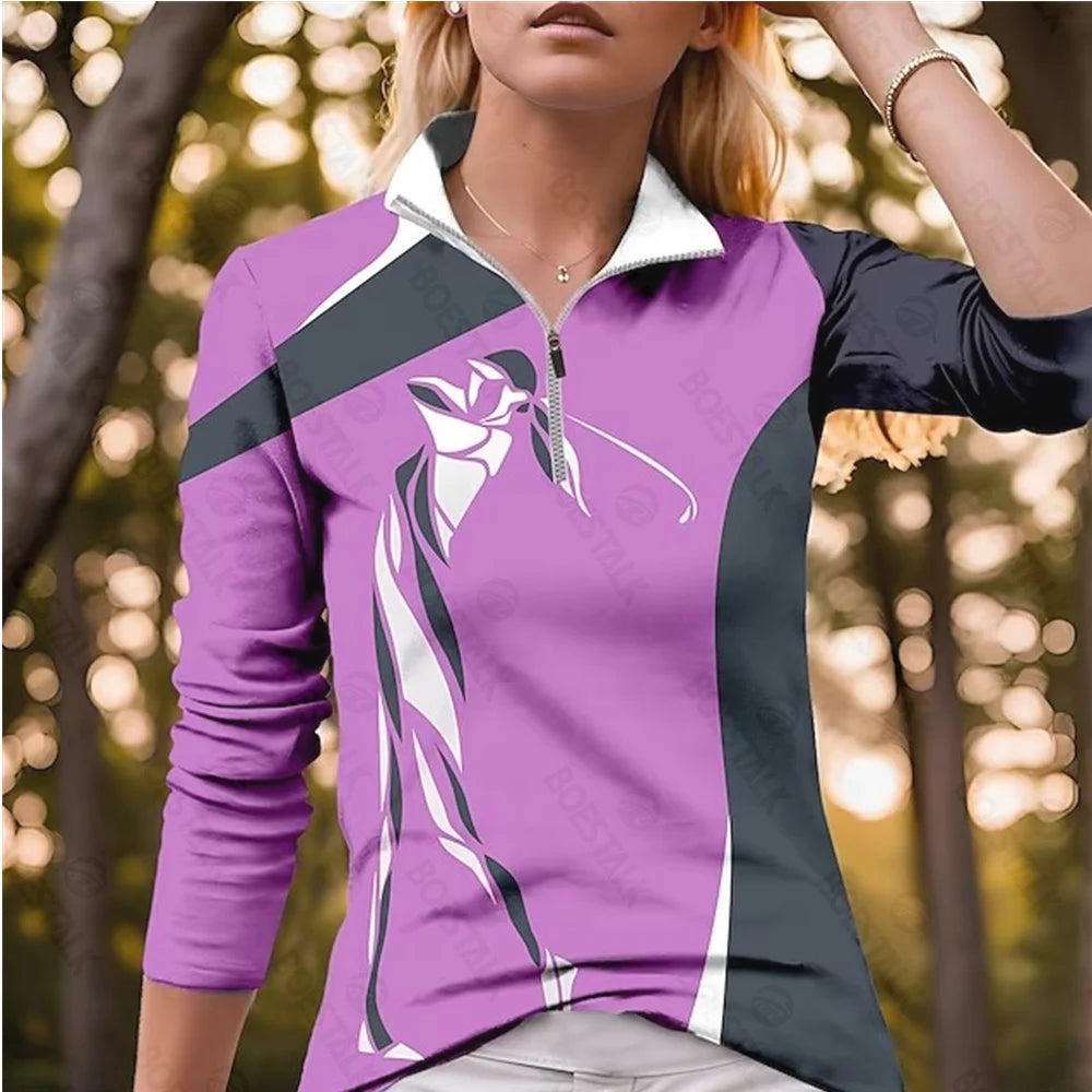 Women's Long Sleeve Golf Polo Shirt – Slim Fit with Zipper, Lightweight & Stylish