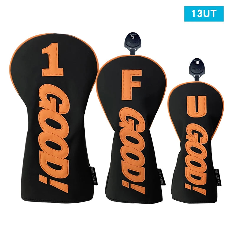 PU Leather Golf Headcovers – Waterproof &amp; Durable "GOOD" Pattern Set for Driver, Fairway Wood &amp; Hybrid Clubs (Orange/Black)