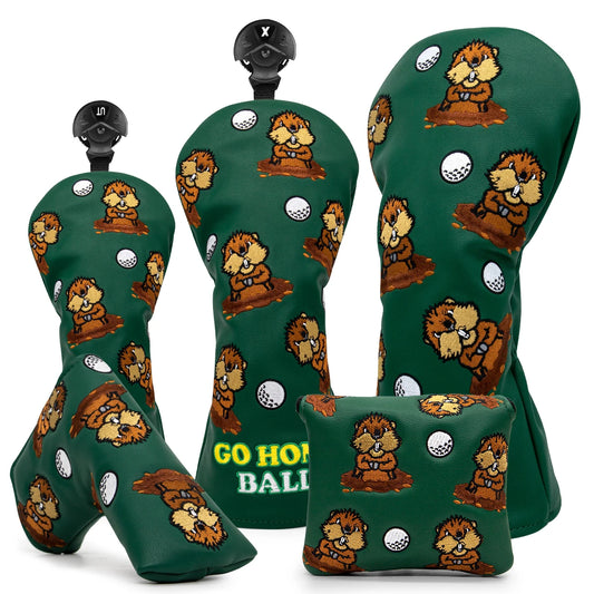 Green Groundhog Golf Headcover Set – Premium Leather Embroidered Covers for Driver, Fairway Wood & Hybrid Clubs